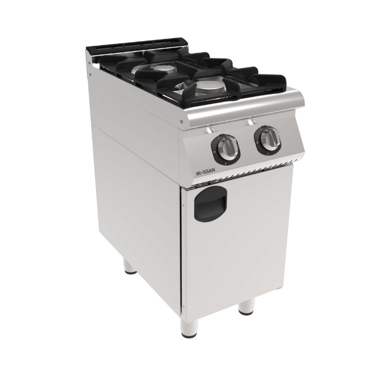 Stainless steel commercial kitchen equipment including ovens and refrigerators.