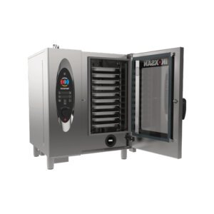 Stainless steel commercial kitchen equipment including ovens and refrigerators.