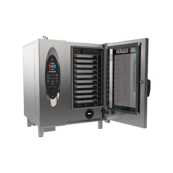 Convection Oven With Steam Electric INO-FBE10 Stainless steel commercial kitchen equipment including ovens and refrigerators.