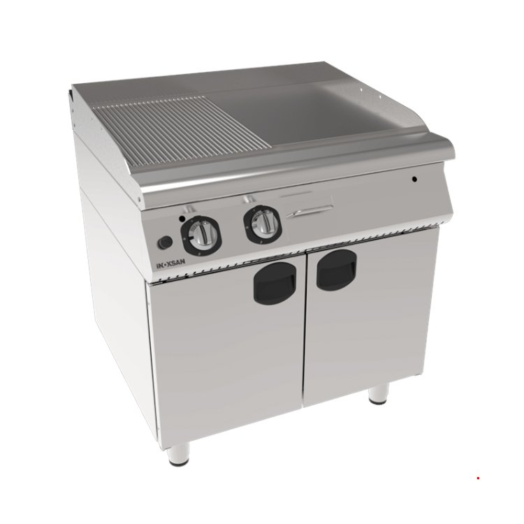 Stainless steel commercial kitchen equipment including ovens and refrigerators.