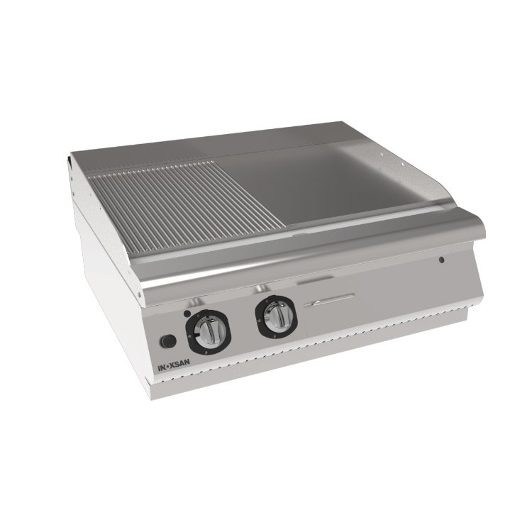 Stainless steel commercial kitchen equipment including ovens and refrigerators.