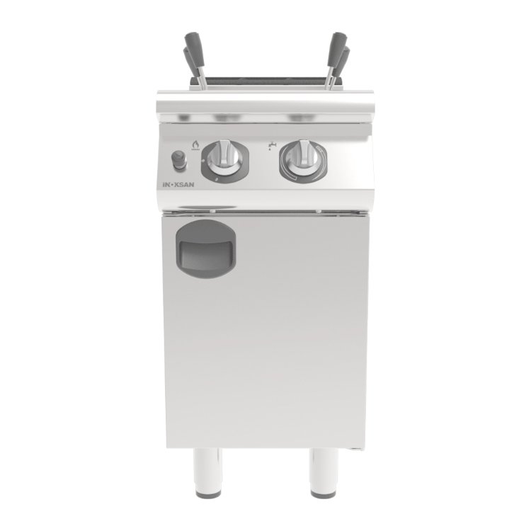 Stainless steel commercial kitchen equipment including ovens and refrigerators.