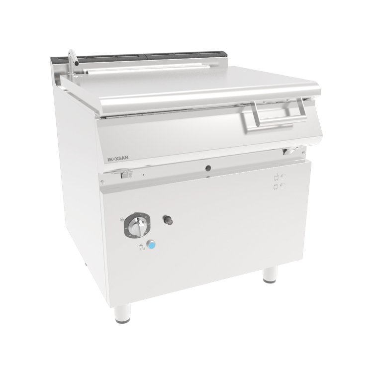 Stainless steel commercial kitchen equipment including ovens and refrigerators.