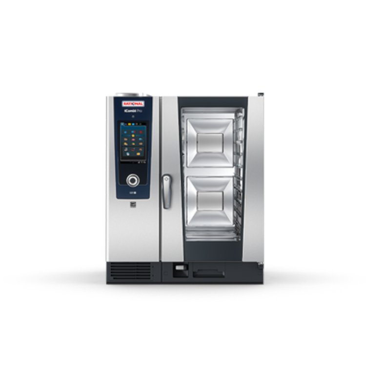 Stainless steel commercial kitchen equipment including ovens and refrigerators.