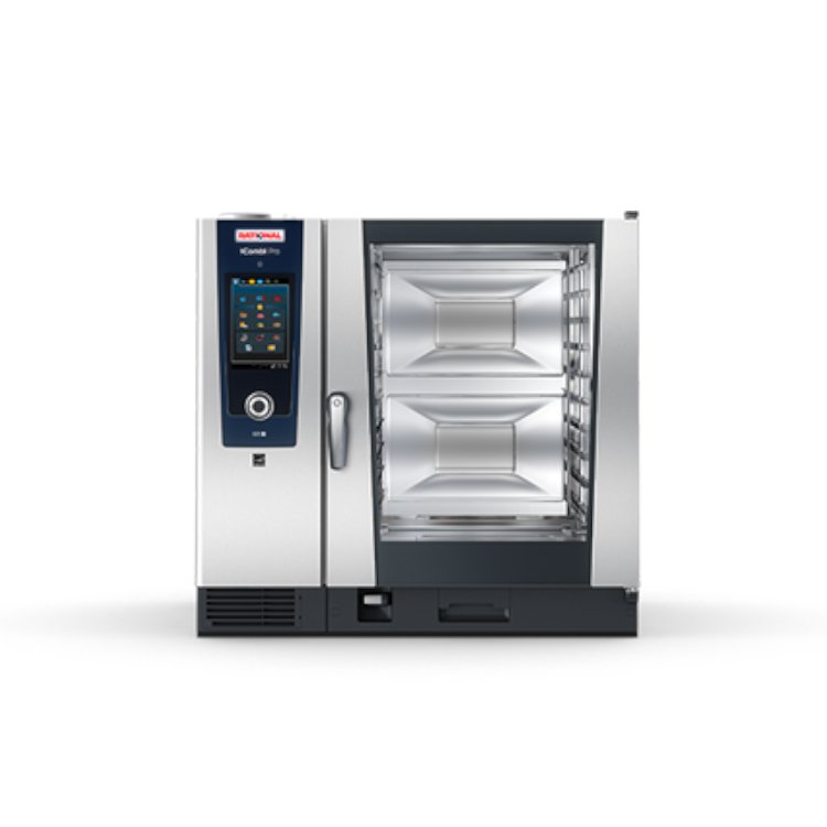 Stainless steel commercial kitchen equipment including ovens and refrigerators.