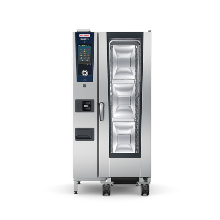 Stainless steel commercial kitchen equipment including ovens and refrigerators.