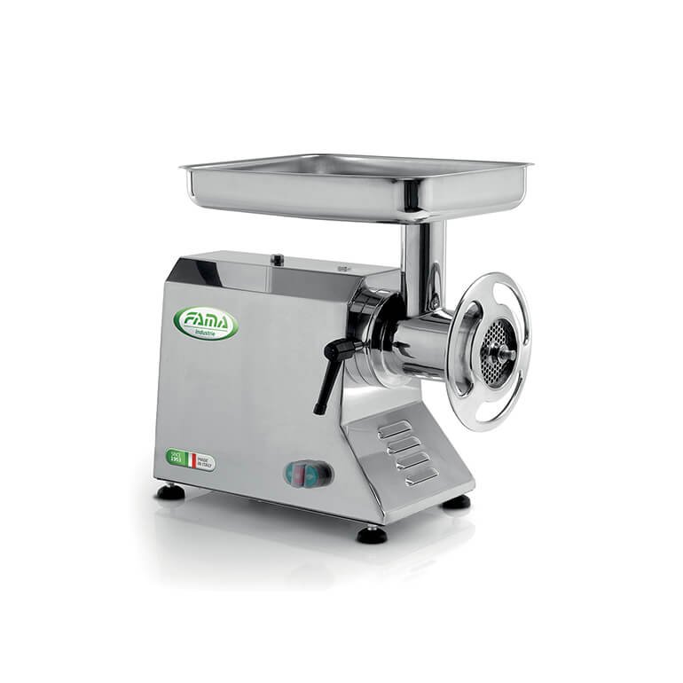 Fama TI32 professional stainless steel meat mincer with tray and hopper.