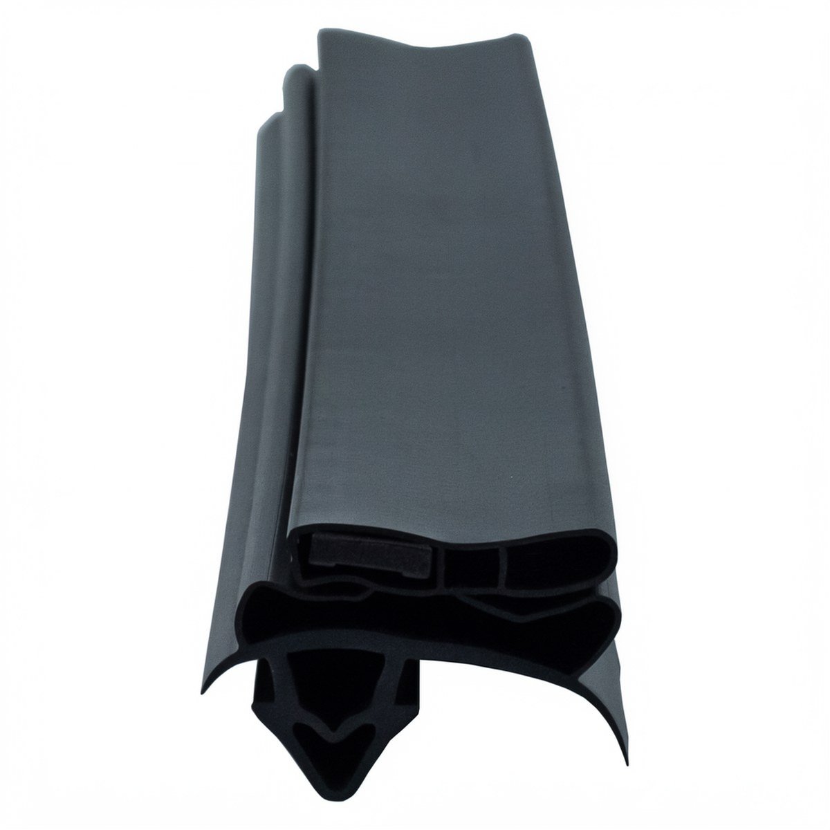 True refrigeration gasket profile G32, swept-flap magnetic dart seal, end view showing the magnet chamber and the push-in dart